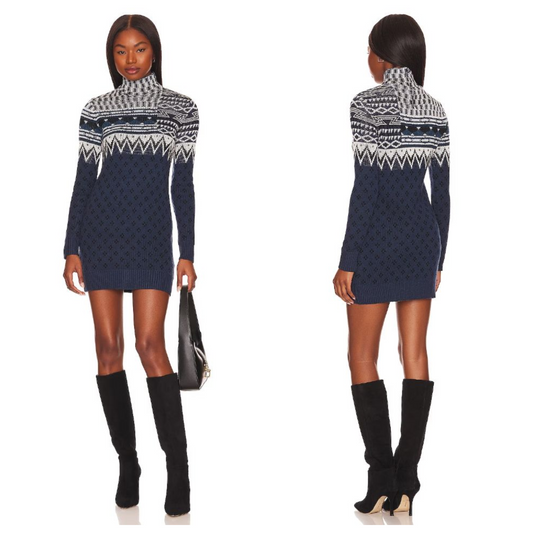 L'Academie Adkins Mock Neck Fairisle Mini Dress in Navy Multi Size M