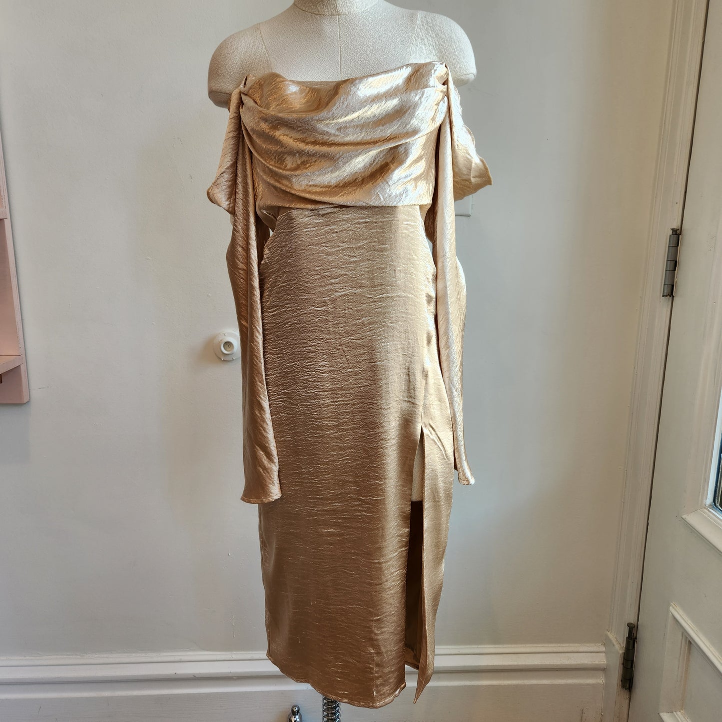 MAJORELLE Cecilia Midi Dress in Champagne Size S