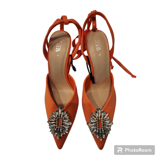 ZARA Strappy Sparkly Embellished Orange Heeled Shoes Size 37
