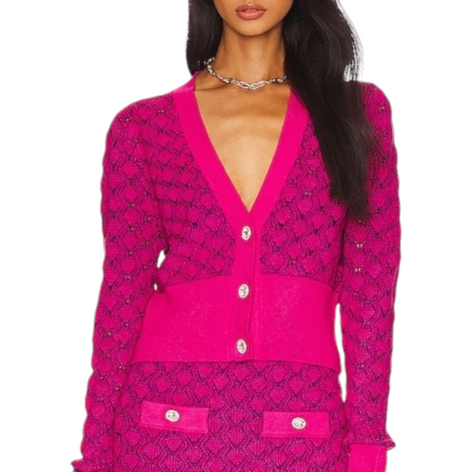 Amanda Uprichard Allister Knit Cardigan with Jeweled Buttons in Hot Pink