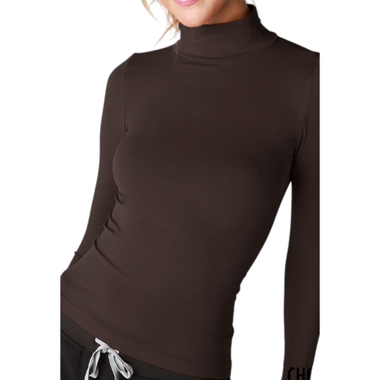 Nikibiki Long Sleeve Mock Neck Top: Chocolate OS/Unitalla